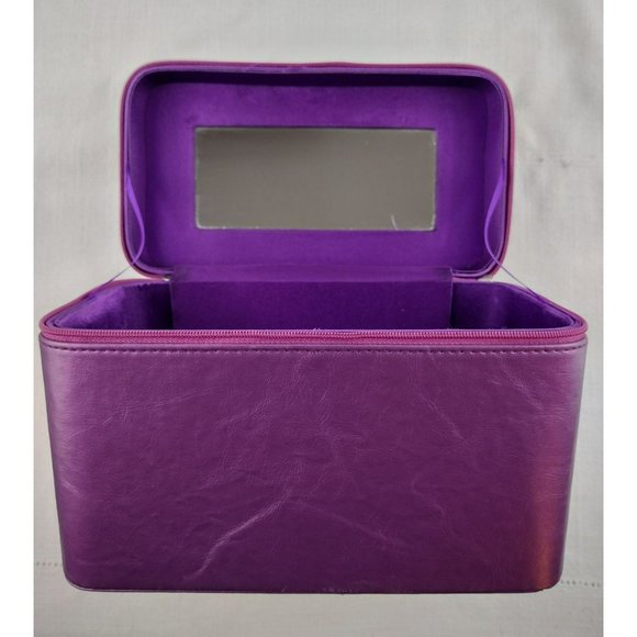 Purple Zipper Closure Makeup Cosmetics Beauty Product Travel Case Mirror Pockets - Picture 6 of 12